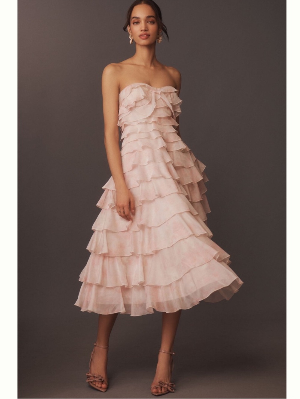 Anthropologie BHLDN Strapless Ruffle Tiered Flare Midi Dress in Blush Pink 6